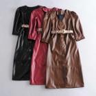 Short-sleeve Faux Leather Midi A-line Dress