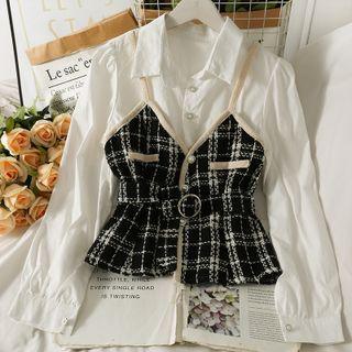 Tweed-panel Mock Two-piece Shirt With Belt