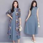 Set: Sleeveless Mandarin Collar A-line Midi Dress + Flower Print Long Jacket