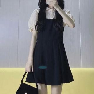 Puff-sleeve Collar Mock Two-piece Mini A-line Dress