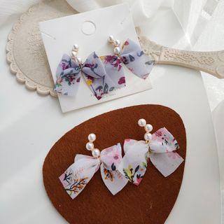 Faux Pearl Floral Print Fabric Bow Dangle Earring