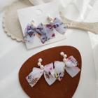 Faux Pearl Floral Print Fabric Bow Dangle Earring