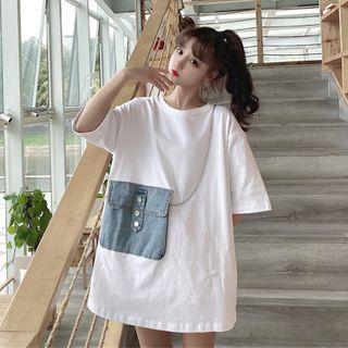 Elbow-sleeve Denim Panel T-shirt White - One Size