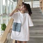 Elbow-sleeve Denim Panel T-shirt White - One Size