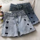 Heart-embroidered Rolled Denim Shorts