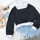 Color-block Square-neck Long-sleeve Top