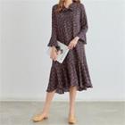 Tie-neck 3/4-sleeve Patterned Midi Flare Dress