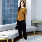 Set: Long-sleeve Frog-button Blouse + Cropped Tapered Pants