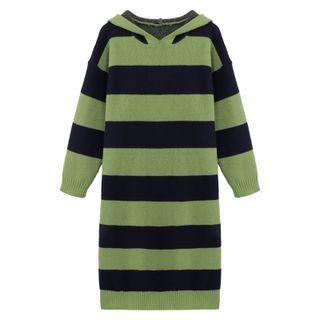 Striped Long-sleeve Knit Hoodie Dress Green & Blue - One Size