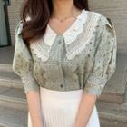 Puff-sleeve Lace Collar Pointelle Blouse