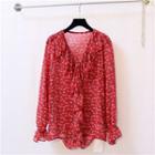 Flower Print Ruffle Blouse Red - One Size