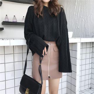 Flare-sleeve Plain Sweater