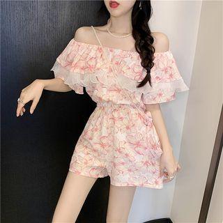 Off-shoulder Ruffled Romper Pink - One Size