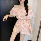 Off-shoulder Ruffled Romper Pink - One Size
