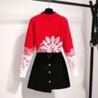 Snowflake Print Sweater / Asymmetric A-line Skirt / Set