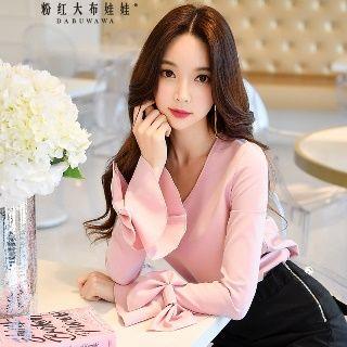 Long-sleeve Ruffled V-neck Shirt