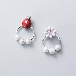 Non-matching Beaded Earring 1 Pair - White - One Size