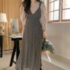 Bubble Sleeve Plain Blouse / Sleeveless V-neck Floral Chiffon Midi Dress