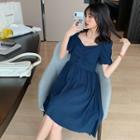 Puff-sleeve Plain Ruched A-line Dress Blue - One Size
