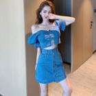 Boatneck Denim Crop Blouse / High-waist Mini Skirt