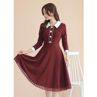 Contrast-collar Lace-hem Flare Dress
