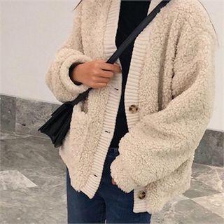 V-neck Fleece Cardigan Ivory - One Size