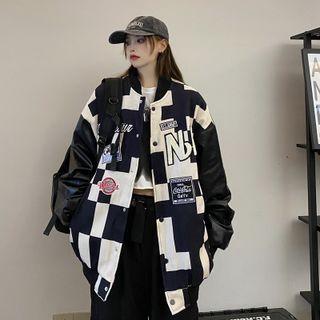 Embroidered Checkerboard Panel Baseball Jacket