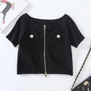Zip-up Short-sleeve Knit Top Black - S
