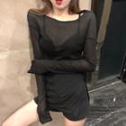 Long-sleeve Slit-side T-shirt Black - One Size