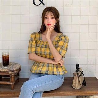 Smocked-panel Plaid Top Yellow - One Size