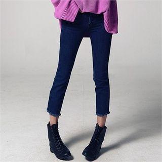 Fringe-hem Cropped Slim-fit Jeans