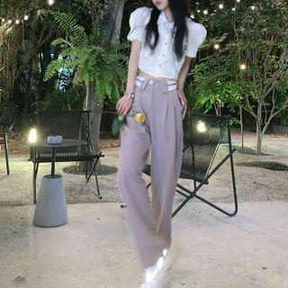 Puff-sleeve Drawstring Cropped Blouse / Straight Leg Dress Pants