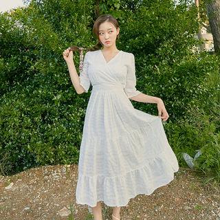 Wrap-front Tiered Long Eyelet-lace Dress