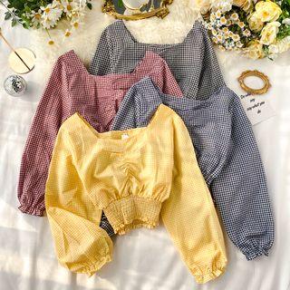 Long-sleeve Crinkled Plaid Top