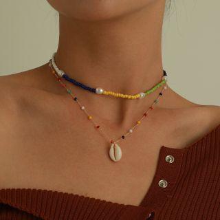 Set : Shell Pendant Bead Necklace + Faux Pearl Bead Choker