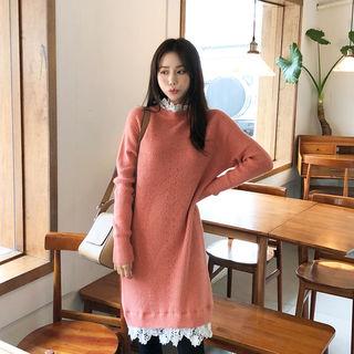Lace-trim Rib-knit Dress Orange - One Size