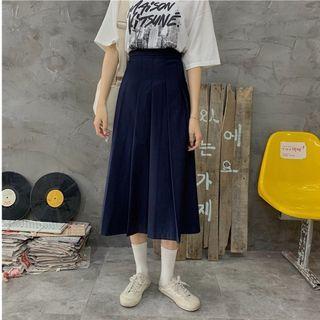 High-waist Plain Pleated A-line Midi Skirt Skirt - One Size