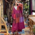 Short-sleeve Color Block Midi A-line Dress Orange & Red - One Size