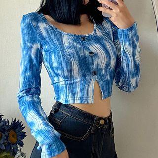 Set: Long-sleeve Tie Dye Crop Top + Choker