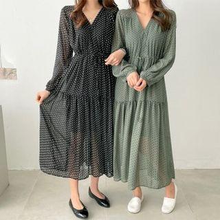 Tie-waist Patterned Chiffon Long Dress