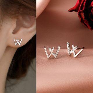 Letter W Rhinestone Sterling Silver Earring 1 Pair - Silver - One Size
