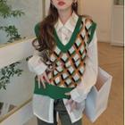 Argyle Print Sweater Vest Orange & Green - One Size