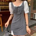 Mock Two-piece Puff-sleeve Lace-up Mini A-line Dress Gray - One Size