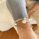 Open Bangle / Oblong-chain / Pearl Bracelet Set (3 Pcs) Gold - One Size