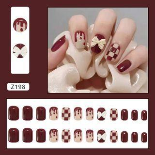 Checker Faux Nail Tips Z198 - Wine Red & Khaki - One Size