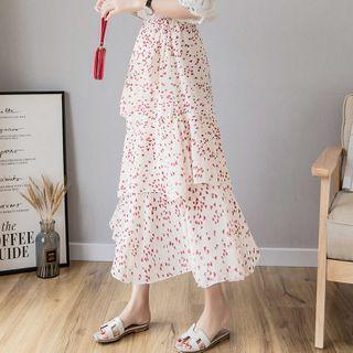Heart Print Chiffon Layered Midi A-line Skirt