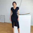Front-slit Short-sleeve Sheath Dress