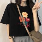 Elbow-sleeve Flower Print T-shirt (various Designs)