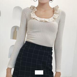 Plain Square-neck Ruffled-trim Long-sleeve Knit Top