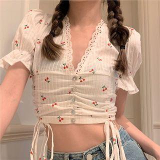 V-neck Cherry Print Cropped Blouse White - One Size